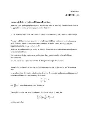 LECTURE – 33 Geometric Interpretation of Stream Function