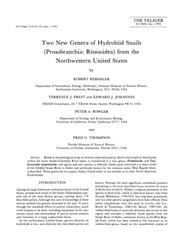 Two New Genera of Hydrobiid Snails (Prosobranchia: Rissooidea) from the Northwestern United States