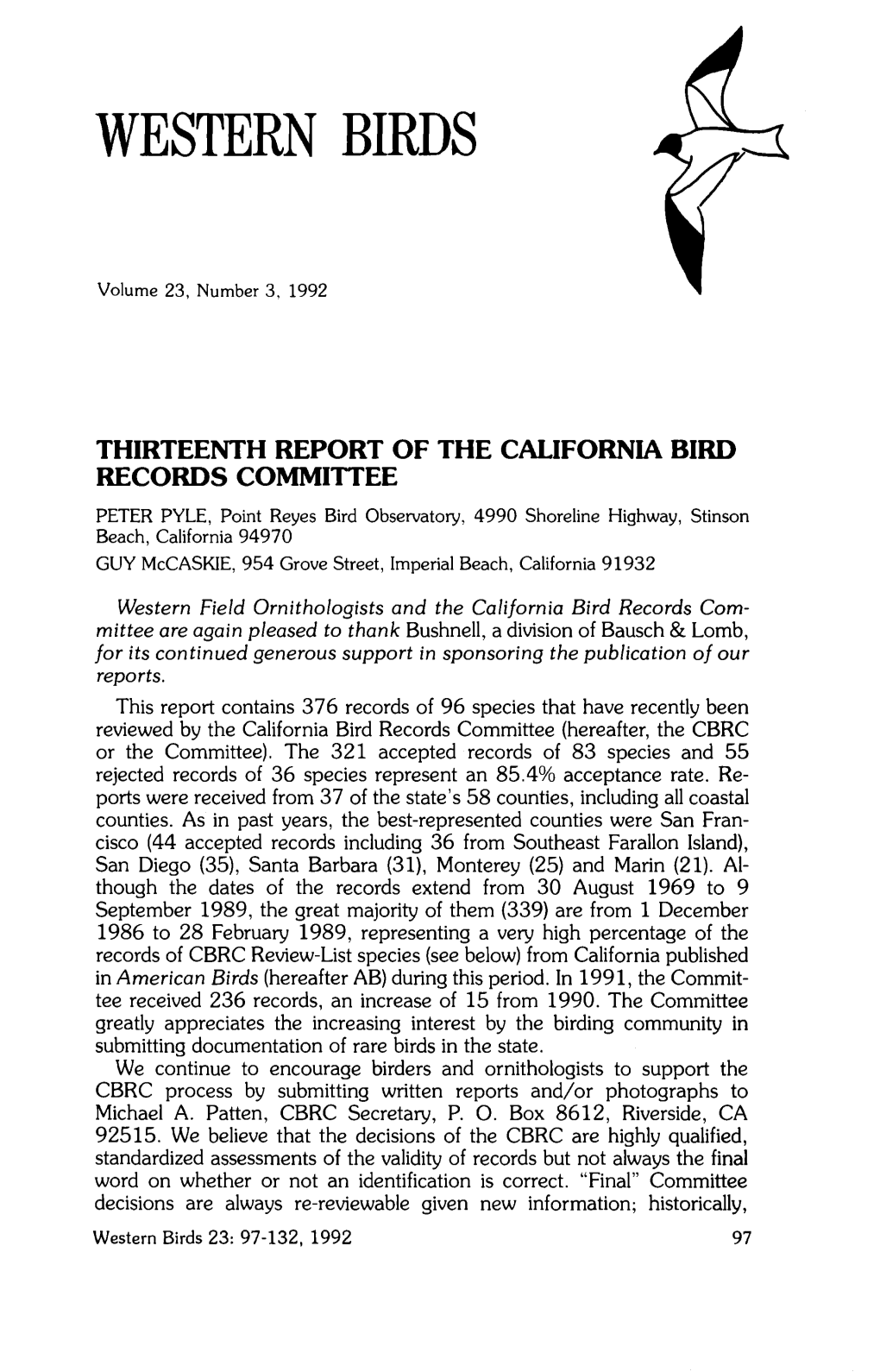 Thirteenth Report of the California Bird Records Committee