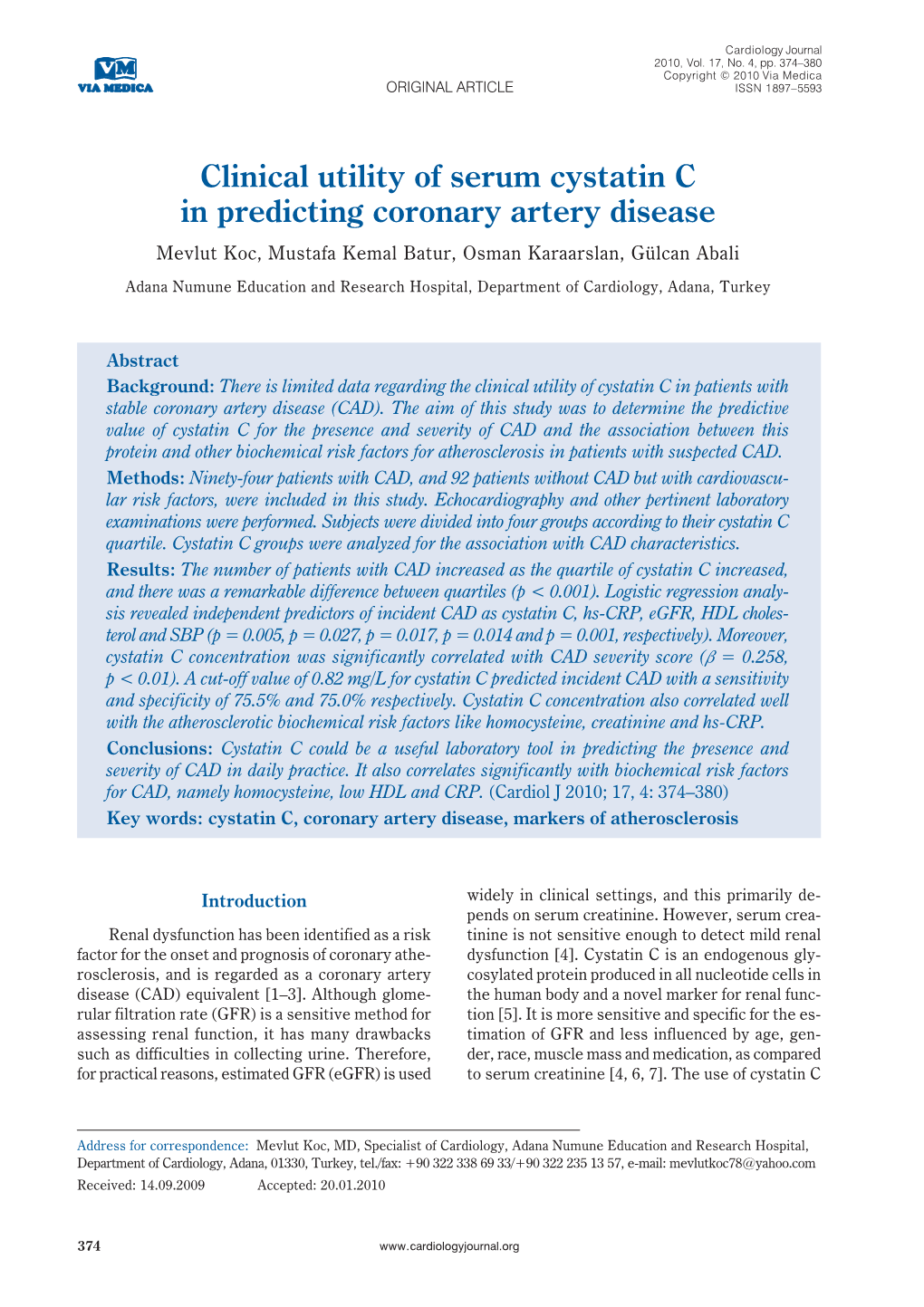 Clinical Utility of Serum Cystatin C in Predicting Coronary Artery Disease