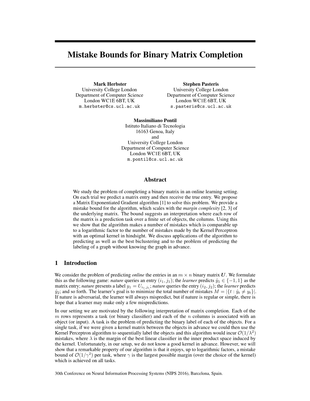 Mistake Bounds for Binary Matrix Completion