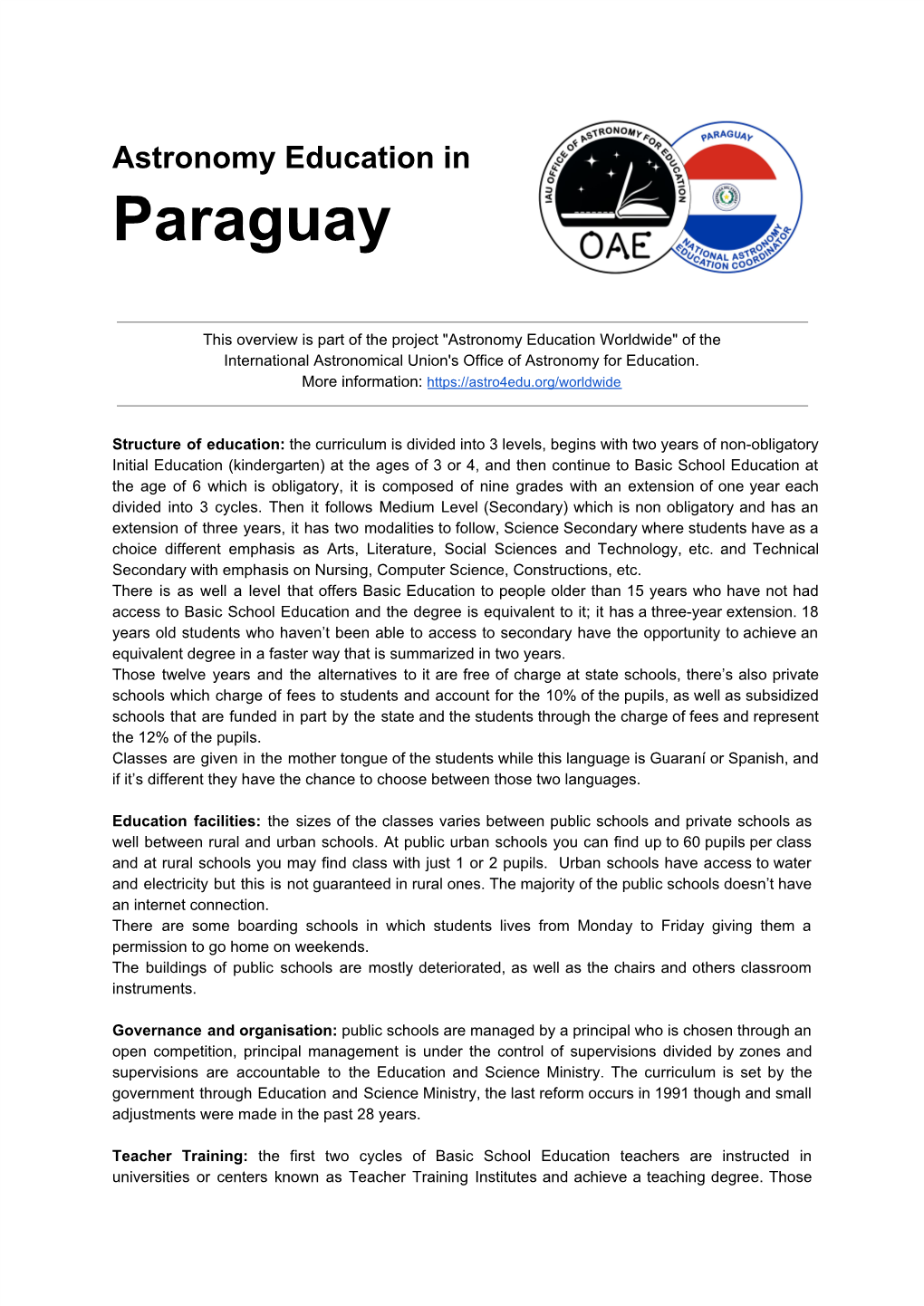 Astronomy Education in Paraguay Or on This Document Please Contact the Office of Astronomy for Education (Oae@Astro4edu.Org)