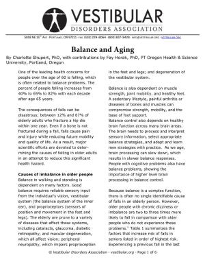 Balance and Aging by Charlotte Shupert, Phd, with Contributions by Fay Horak, Phd, PT Oregon Health & Science University, Portland, Oregon