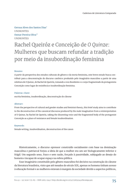 Rachel Queiróz E Conceição De O Quinze: Mulheres Que Buscam Refundar a Tradição Por Meio Da Insubordinação Feminina