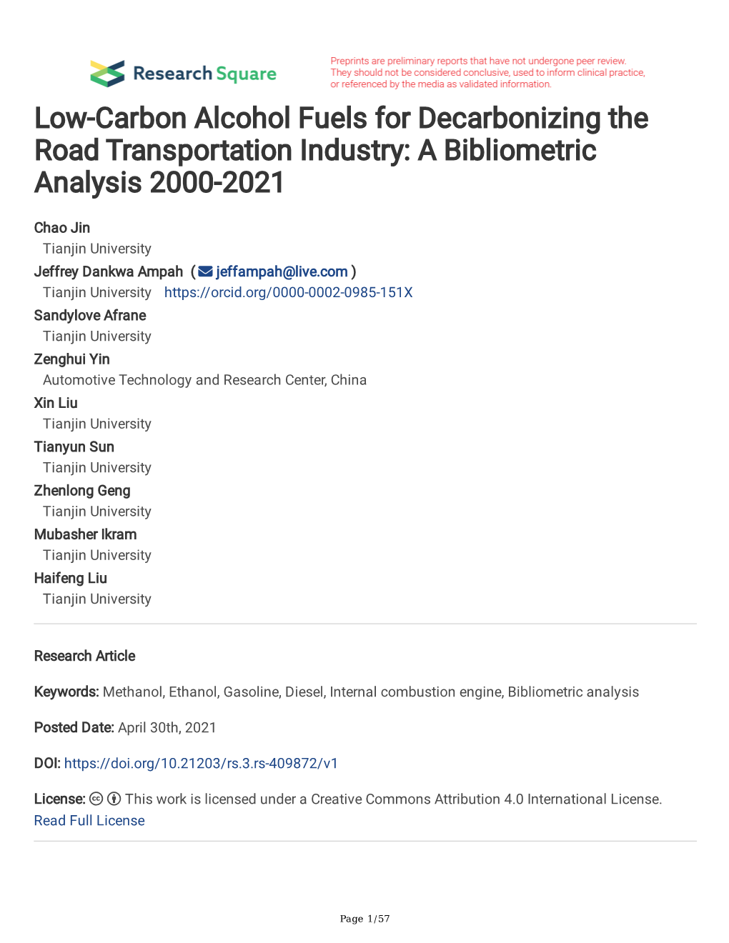 Low-Carbon Alcohol Fuels for Decarbonizing the Road Transportation Industry: a Bibliometric Analysis 2000-2021