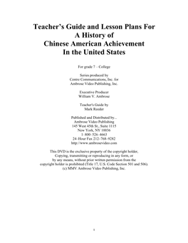 Teacher's Guide and Lesson Plans for a History of Chinese American