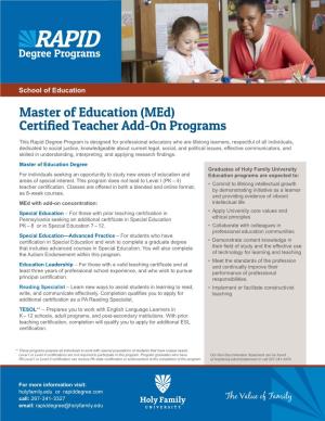 Master of Education (Med) Certified Teacher Add-On Programs
