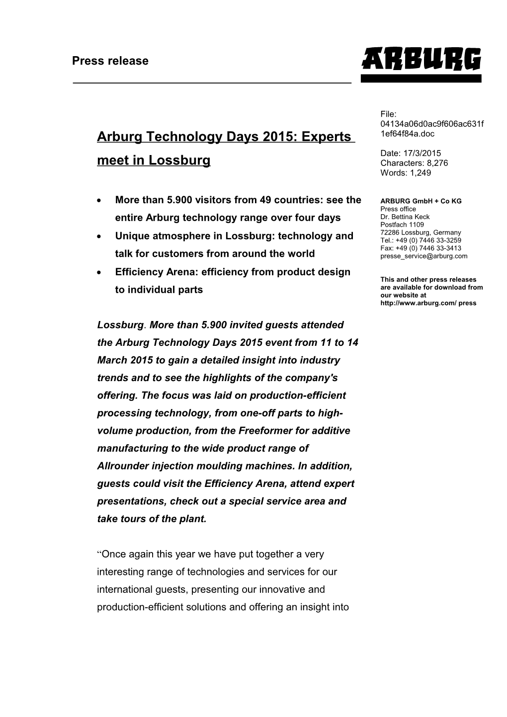 Arburg Technology Days 2015: Experts Meet in Lossburg