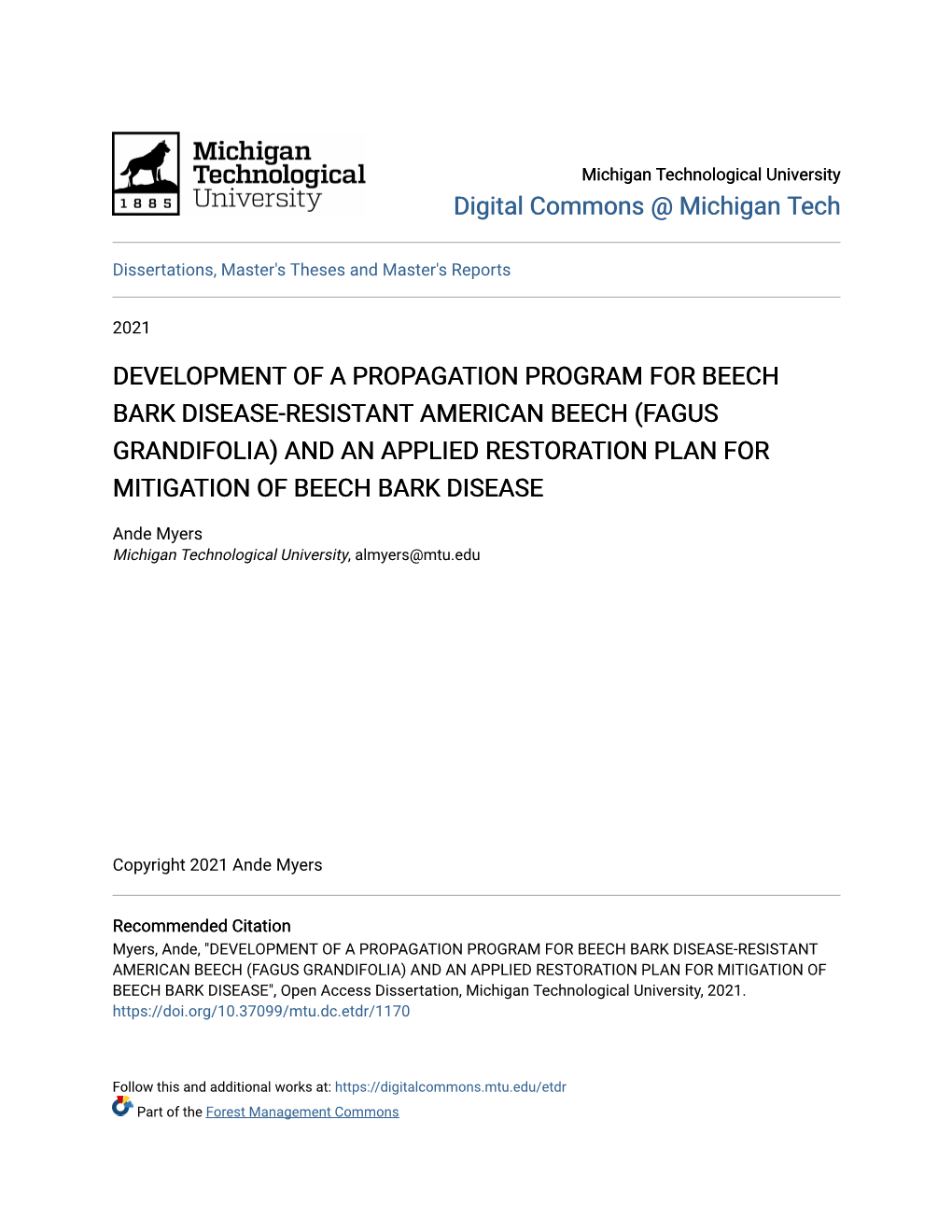 Fagus Grandifolia) and an Applied Restoration Plan for Mitigation of Beech Bark Disease