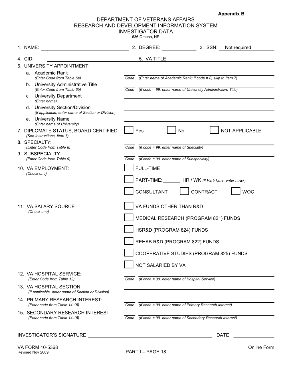 Investigator Data Sheet