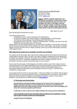 UN Secretary-General Ban Ki-Moon 140 East 45Th Street New York, NY 10017 (E-Mail: Sg@Un.Org)