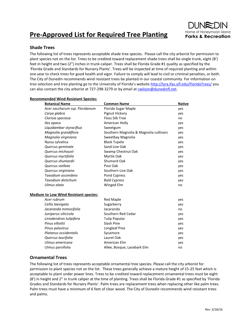 Pre-Approved List for Required Tree Planting