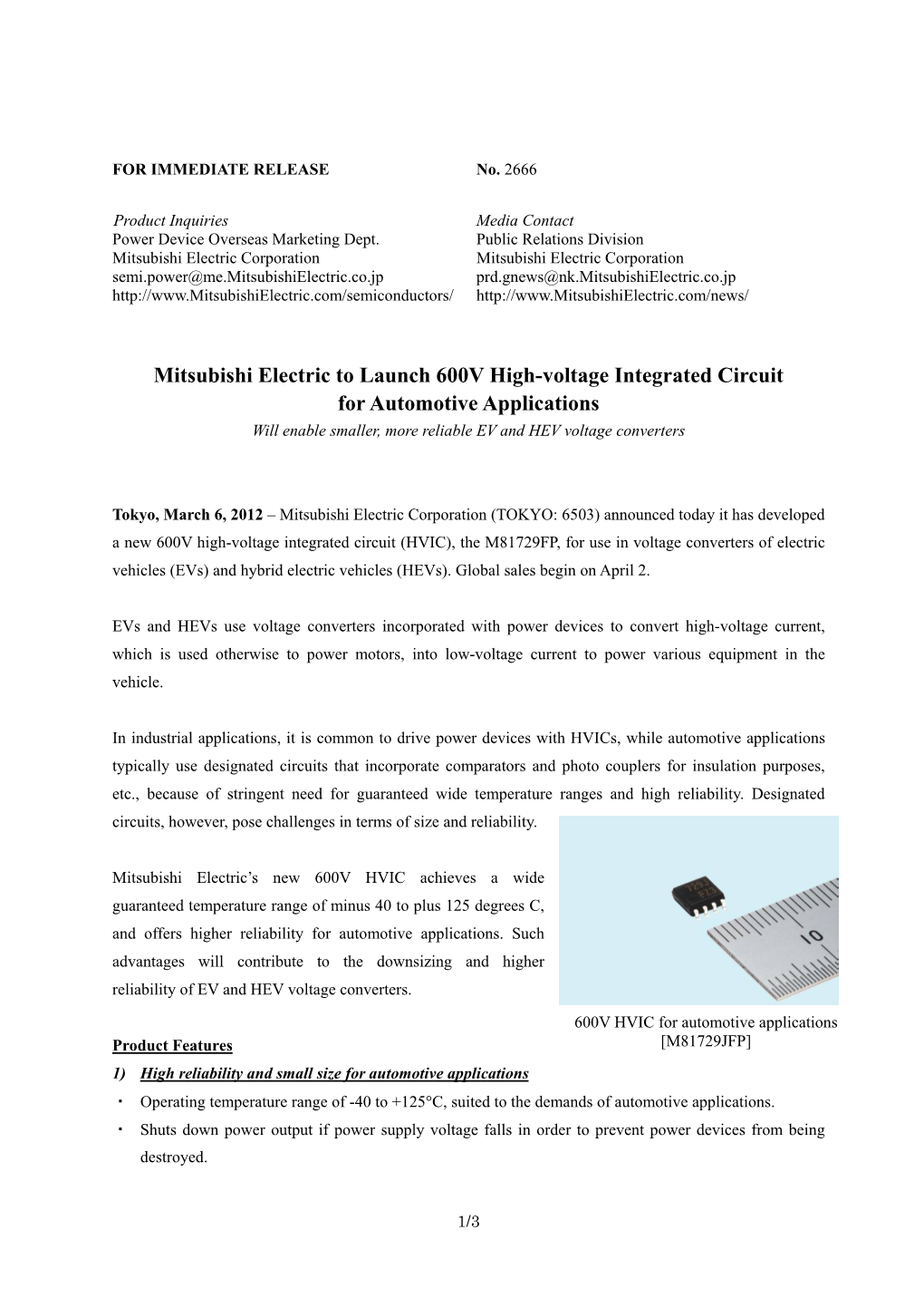 Mitsubishi Electric to Launch 600V High-Voltage Integrated Circuit for Automotive Applications Will Enable Smaller, More Reliable EV and HEV Voltage Converters