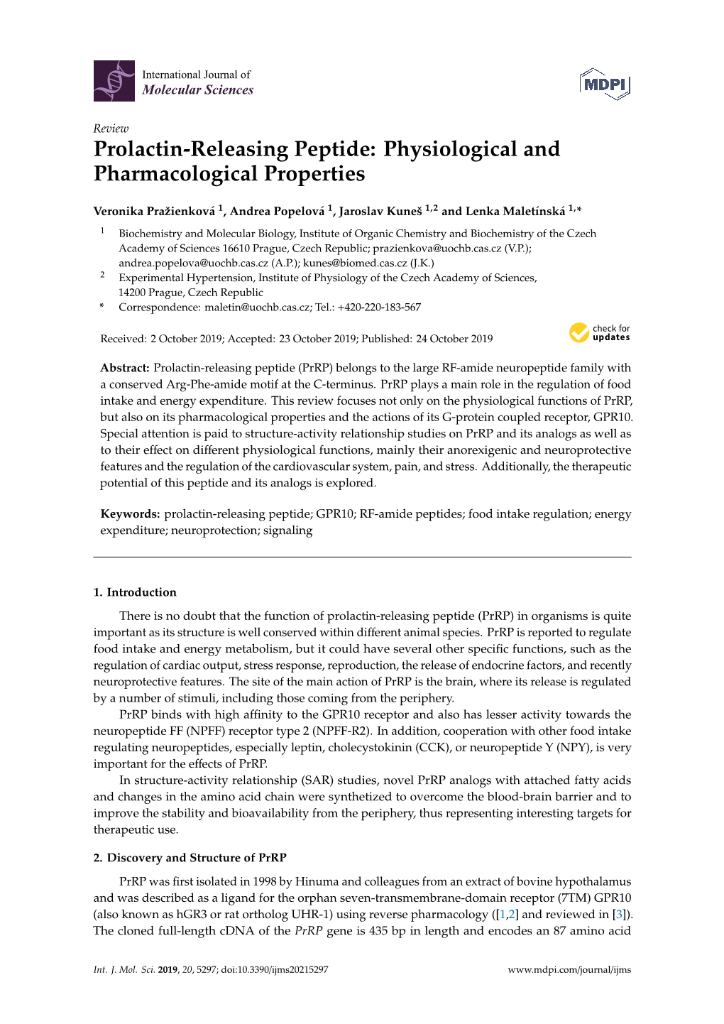 Prolactin-Releasing Peptide: Physiological and Pharmacological Properties