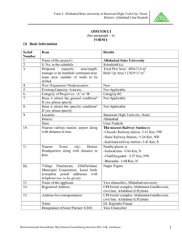 Form 1- Allahabad State University at Saraswati High-Tech City, Naini, District- Allahabad Uttar Pradesh