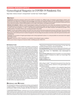 Gynecological Surgeries in COVID-19 Pandemic Era Ripan Bala1, Sheena S Kumar2, Umang Khullar3, Surinder Kaur4, Madhu Nagpal5