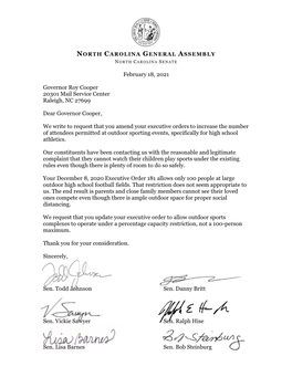 Letter from Senators to Gov. Cooper About