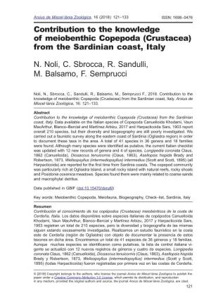 Contribution to the Knowledge of Meiobenthic Copepoda (Crustacea) from the Sardinian Coast, Italy