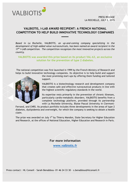 Valbiotis, I-Lab Award Recipient: a French National Competition to Help Build Innovative Technology Companies