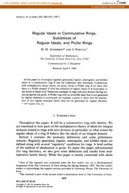 Regular Ideals in Commutative Rings, Sublattices of Regular Ideals, and Prtifer Rings