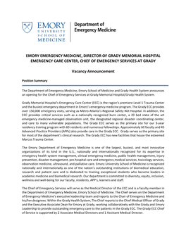 Emory Emergency Medicine, Director of Grady Memorial Hospital Emergency Care Center, Chief of Emergency Services at Grady