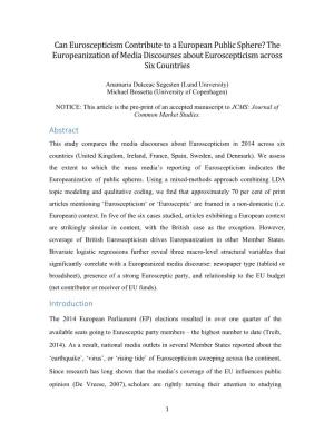Can Euroscepticism Contribute to a European Public Sphere? the Europeanization of Media Discourses About Euroscepticism Across Six Countries