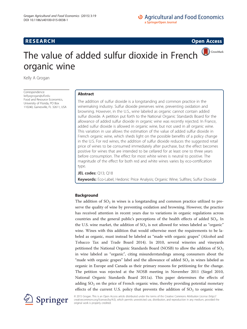 The Value of Added Sulfur Dioxide in French Organic Wine Kelly a Grogan