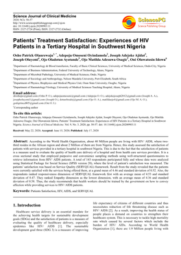 Experiences of HIV Patients in a Tertiary Hospital in Southwest Nigeria