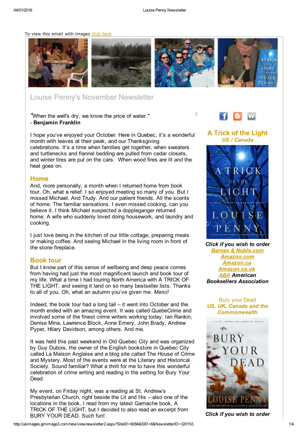 Louise Penny's November Newsletter