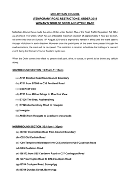Midlothian Council (Temporary Road Restrictions) Order 2019 Woman’S Tour of Scotland Cycle Race