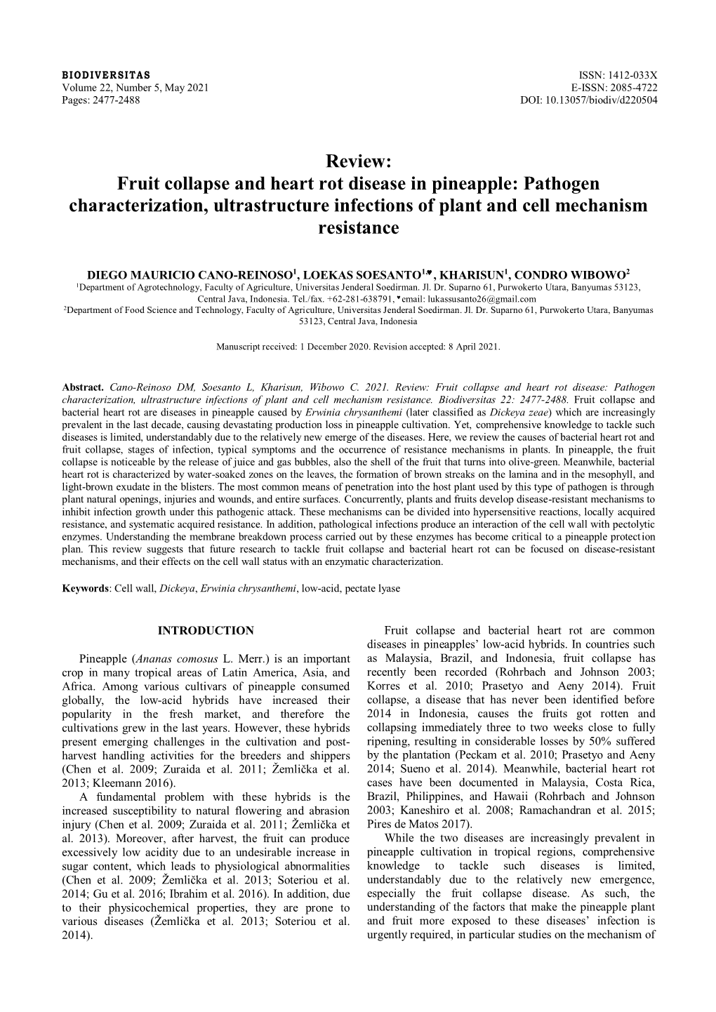Review: Fruit Collapse and Heart Rot Disease in Pineapple: Pathogen Characterization, Ultrastructure Infections of Plant and Cell Mechanism Resistance