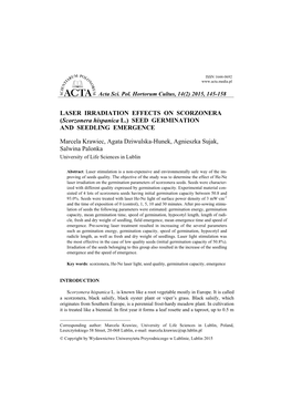 LASER IRRADIATION EFFECTS on SCORZONERA (Scorzonera Hispanica L.) SEED GERMINATION and SEEDLING EMERGENCE