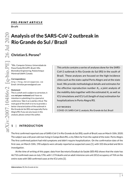 Arxiv:2007.10486V2 [Q-Bio.PE] 26 Jul 2020 the ﬁrst Conﬁrmed Reported Case of SARS-Cov-2 in Rio Grande Do Sul (RS), South of Brazil, Was on March 10Th, 2020
