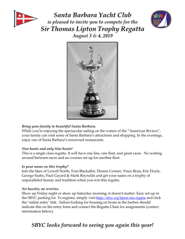 NOTICE of RACE SANTA BARBARA YACHT CLUB SIR THOMAS LIPTON TROPHY August 3 & 4, 2019