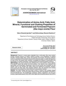 Determination of Amino Acid, Fatty Acid, Mineral, Functional and Choking Properties of Germinated and Fermented Popcorn (Zea Mays Everta) Flour
