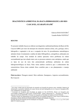 Diagnóstico Ambiental Da Bacia Hidrográfica Do Rio Cascavel, Guarapuava/Pr1