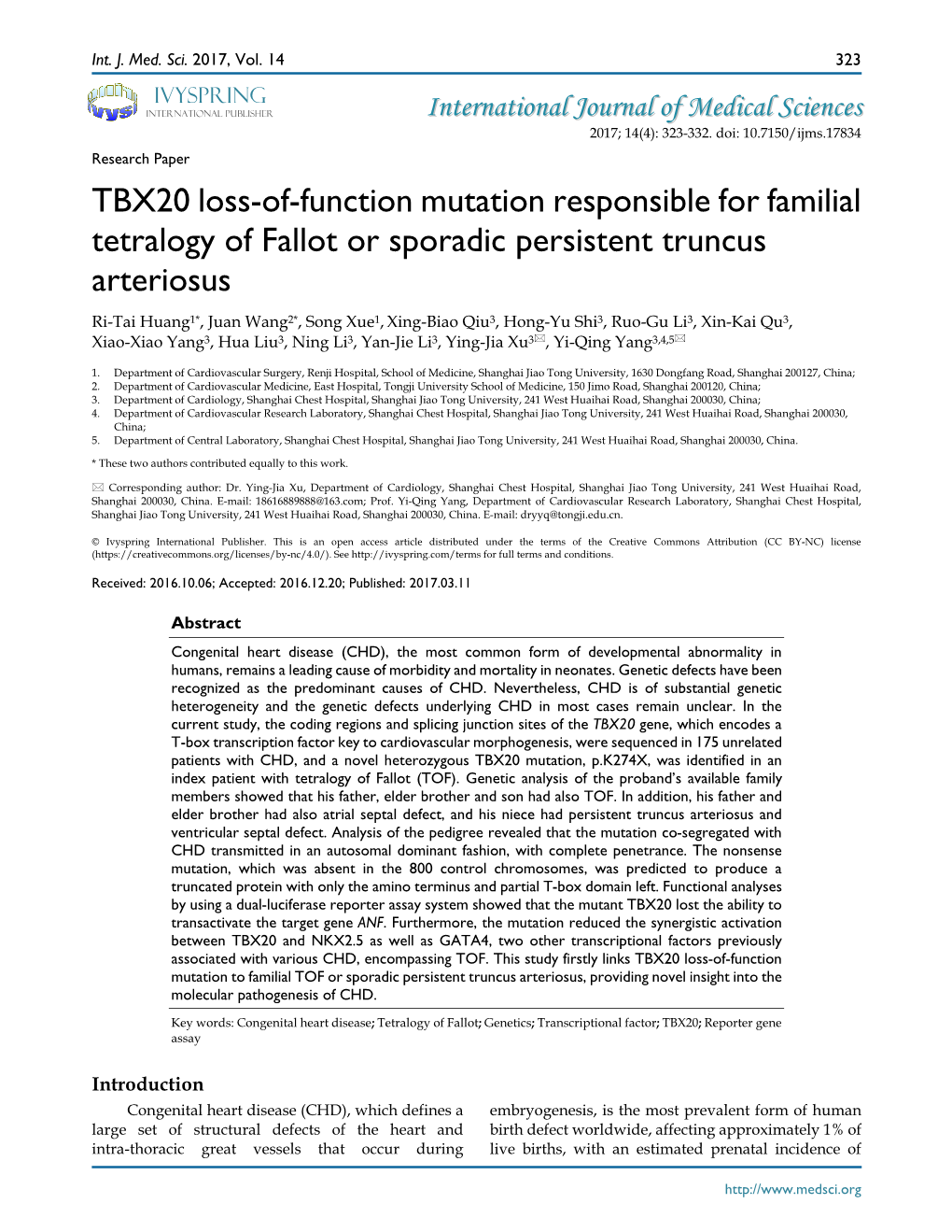 TBX20 Loss-Of-Function Mutation Responsible for Familial Tetralogy Of
