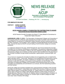 Aicup Honors Connelly Foundation for Contributions to Higher Education in Southeastern Pennsylvania