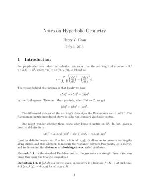 Notes on Hyperbolic Geometry