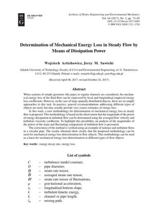 Determination of Mechanical Energy Loss in Steady Flow by Means of Dissipation Power