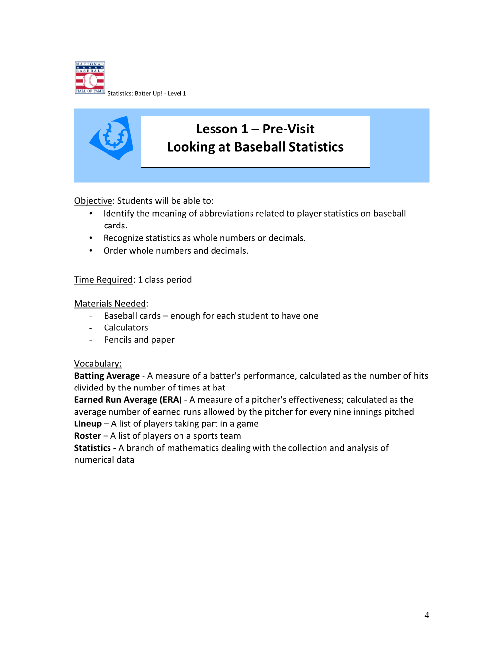 Lesson 1 – Pre-Visit Looking at Baseball Statistics
