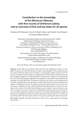 Contribution to the Knowledge of the Moroccan Odonata, with First Records of Orthetrum Sabina, and an Overview of First and La