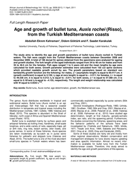 Age and Growth of Bullet Tuna, Auxis Rochei (Risso), from the Turkish Mediterranean Coasts