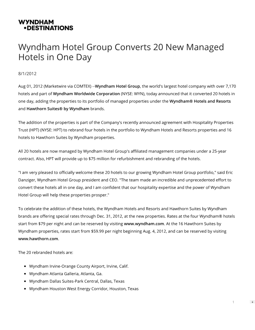 Wyndham Hotel Group Converts 20 New Managed Hotels in One Day