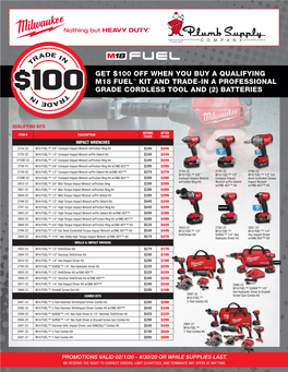 Get $100 Off When You Buy a Qualifying M18 Fuel™ Kit and Trade-In a Professional Grade Cordless Tool and (2) Batteries