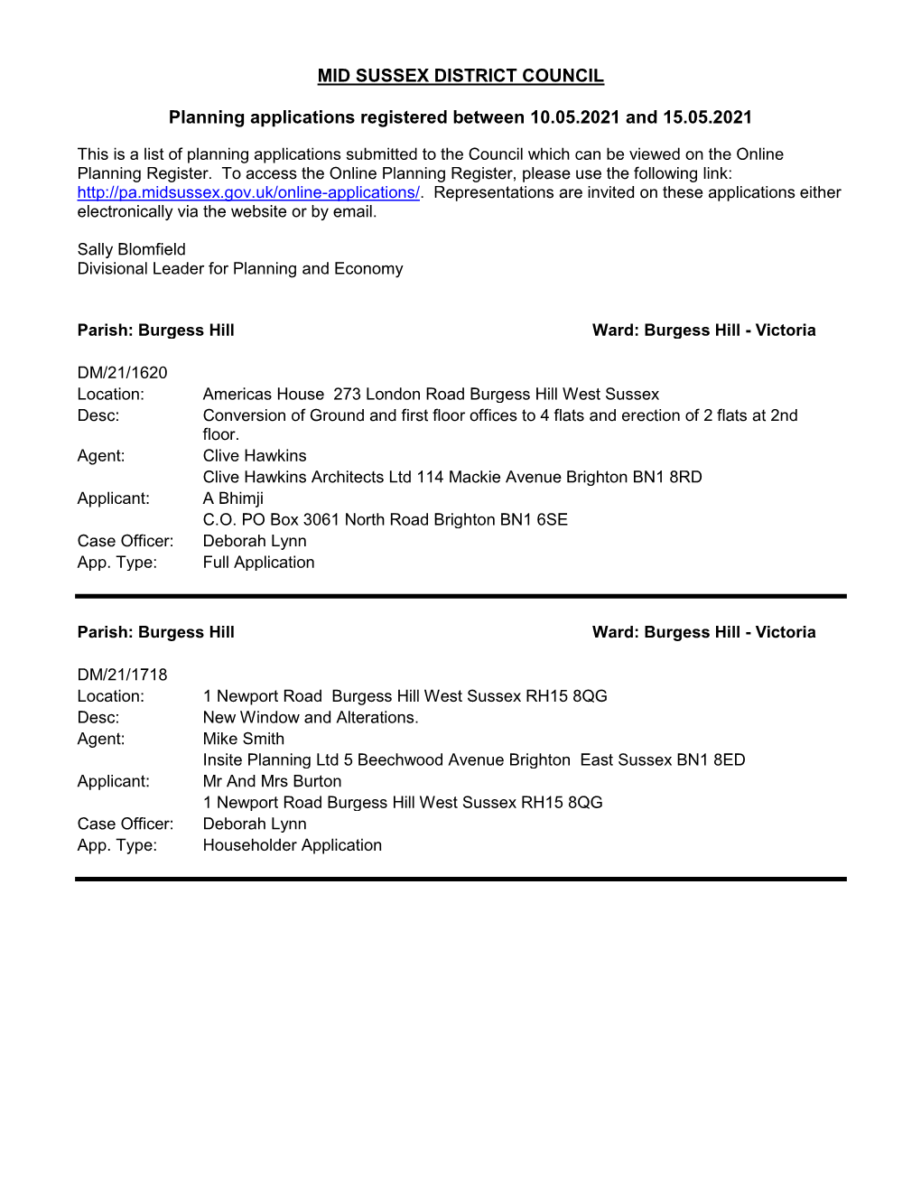 MID SUSSEX DISTRICT COUNCIL Planning Applications Registered Between 10.05.2021 and 15.05.2021