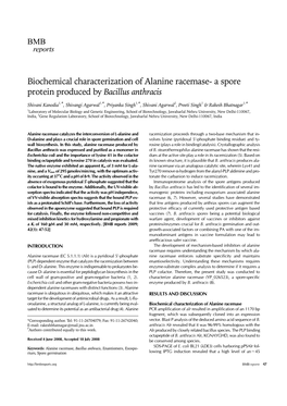 Biochemical Characterization of Alanine Racemase- a Spore Protein Produced by Bacillus Anthracis