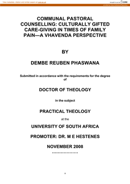 Communal Pastoral Counselling: Culturally Gifted Care-Giving in Times of Family Pain—A Vhavenda Perspective