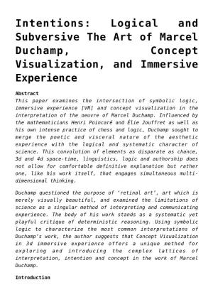 Intentions: Logical and Subversive the Art of Marcel Duchamp, Concept Visualization, and Immersive Experience