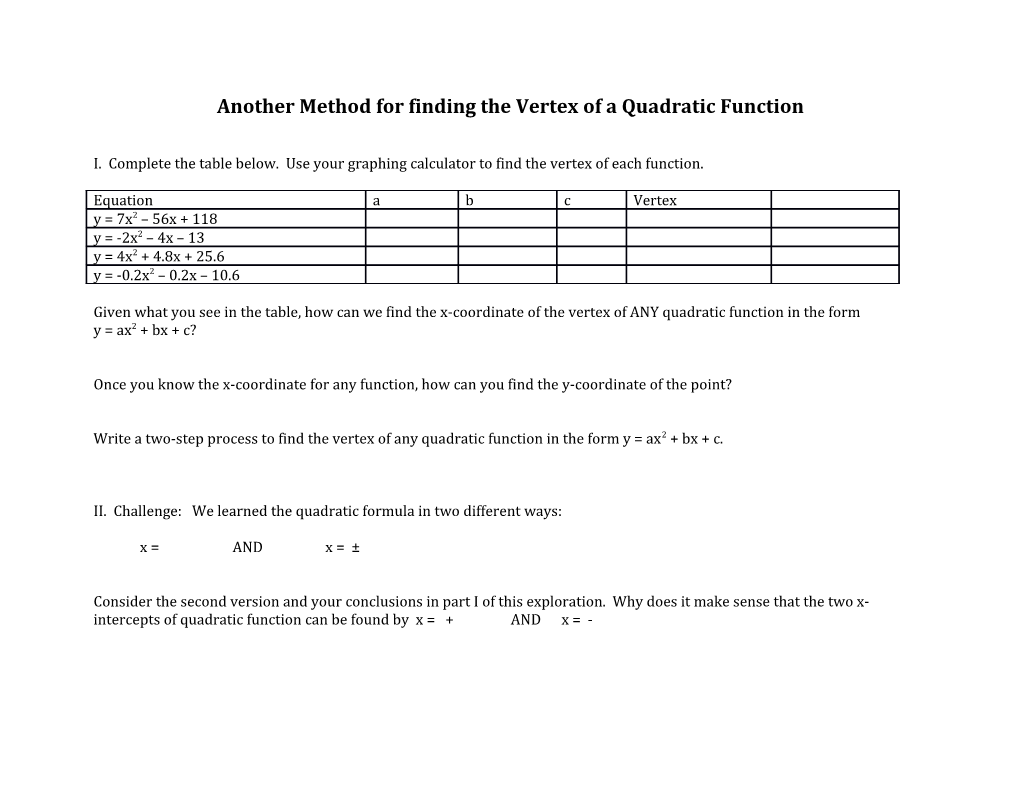 Another Method for Finding the Vertex of a Quadratic Function